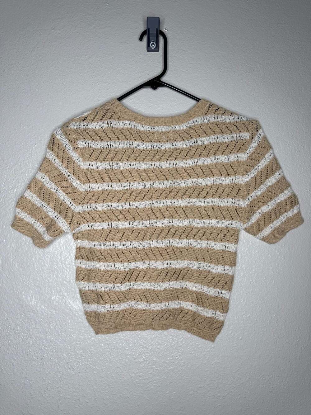 Aerie Striped Open Knit Short Sleeve Sweater Tee Beige White Size M NWT